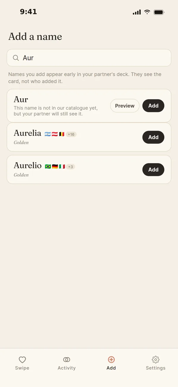 Add a name: searching for Aur shows Aurelia and Aurelio, plus Aur as a name not in the catalogue yet