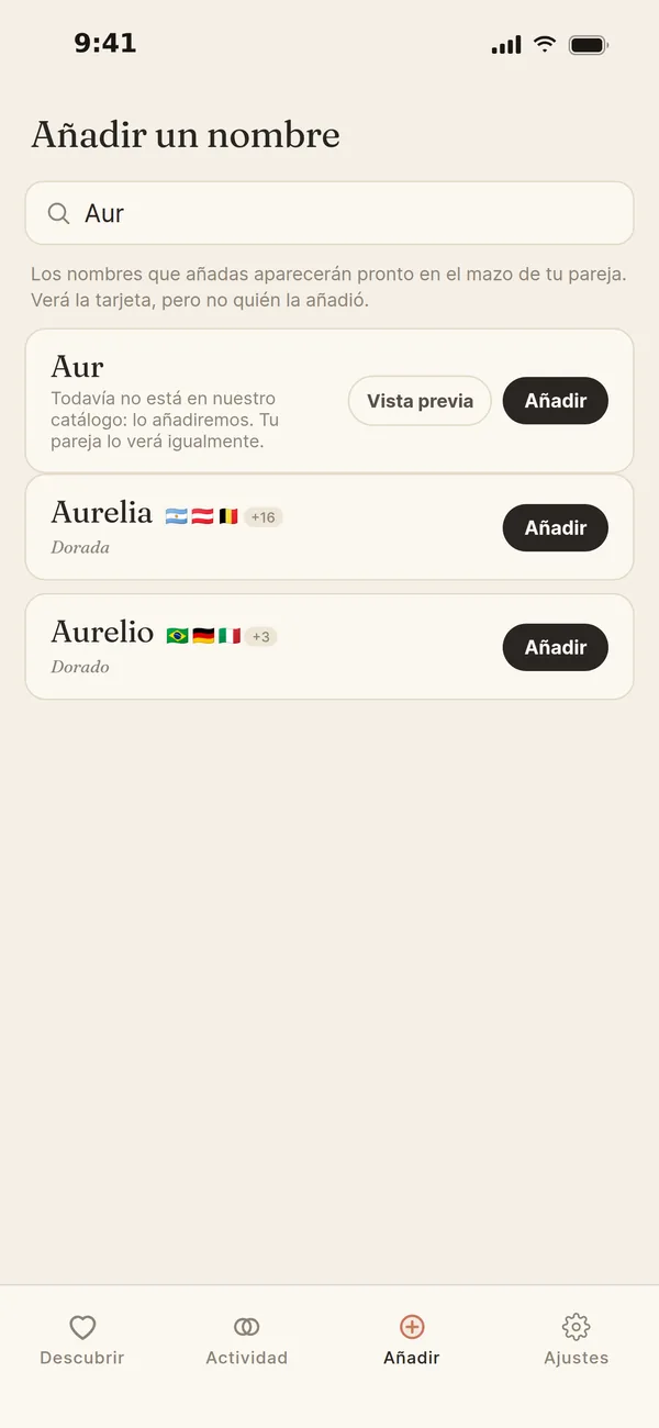Añadir un nombre: al buscar «Aur» aparecen Aurelia y Aurelio, y también «Aur» como nombre que aún no está en el catálogo