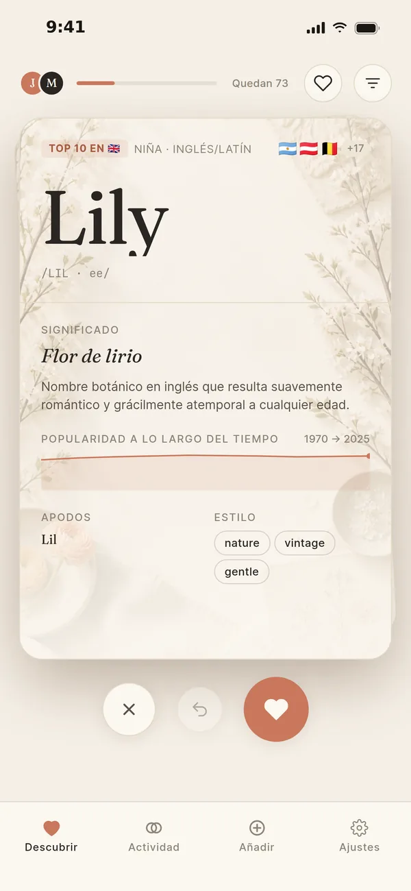 La misma tarjeta de Lily con una suave ilustración botánica de fondo