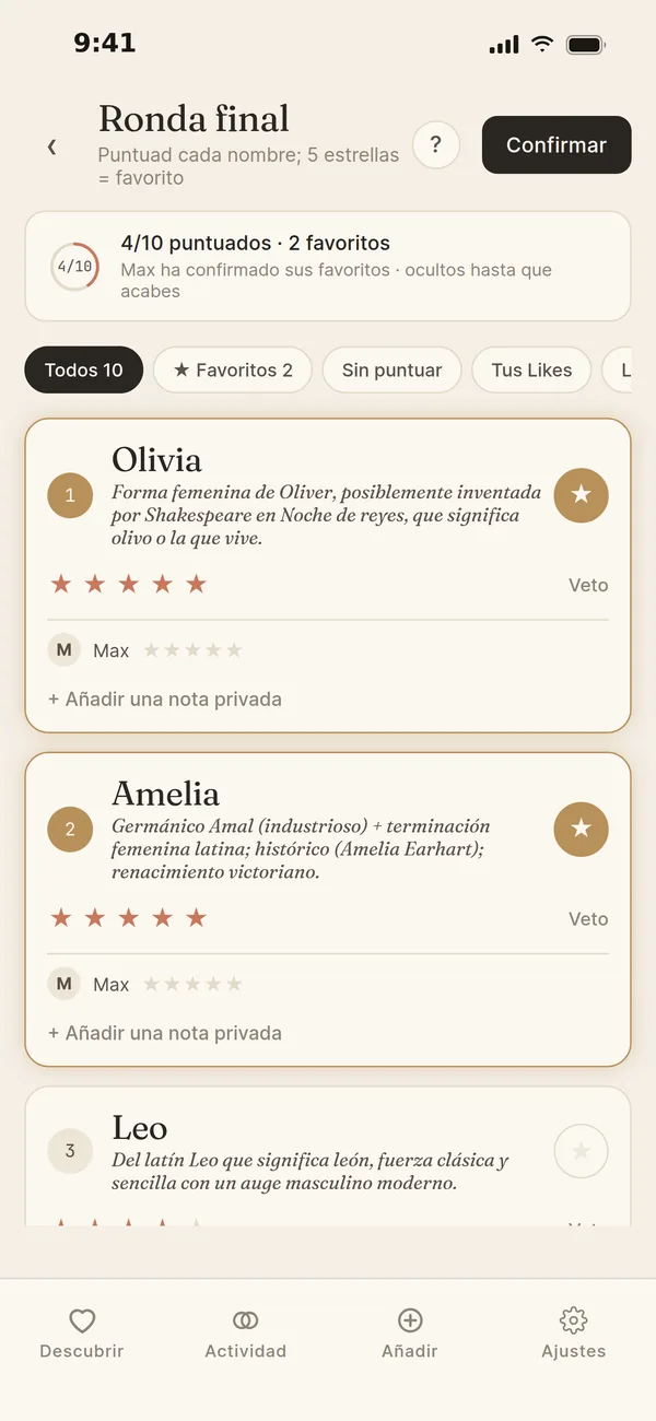 La ronda final: puntuad cada coincidencia en privado; 5 estrellas es el favorito