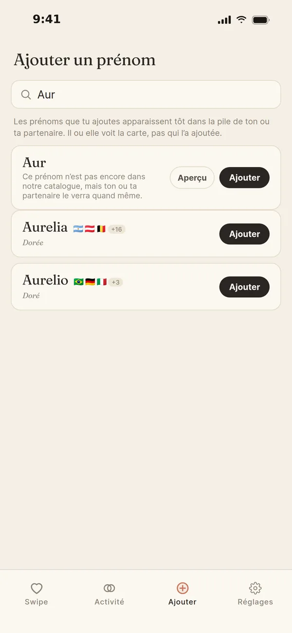 Ajouter un prénom : la recherche « Aur » affiche Aurelia et Aurelio, ainsi qu’Aur, un prénom pas encore dans le catalogue