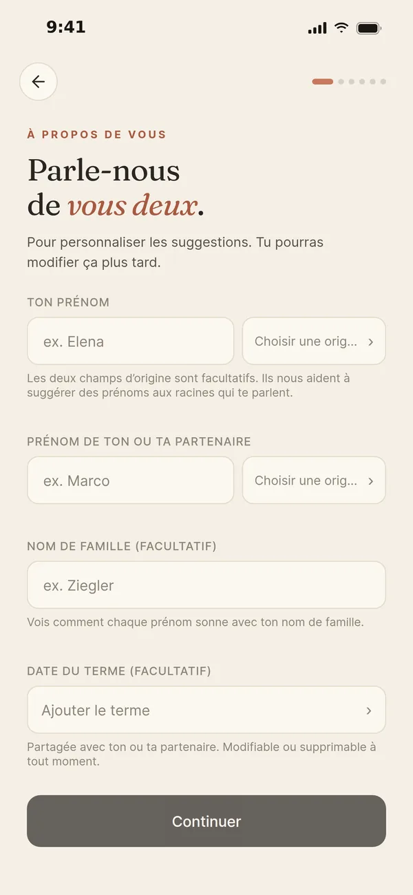 Le début d’une session dans Namore : « Parle-nous de vous deux », avec vos deux prénoms et, si vous voulez, votre nom de famille et la date du terme