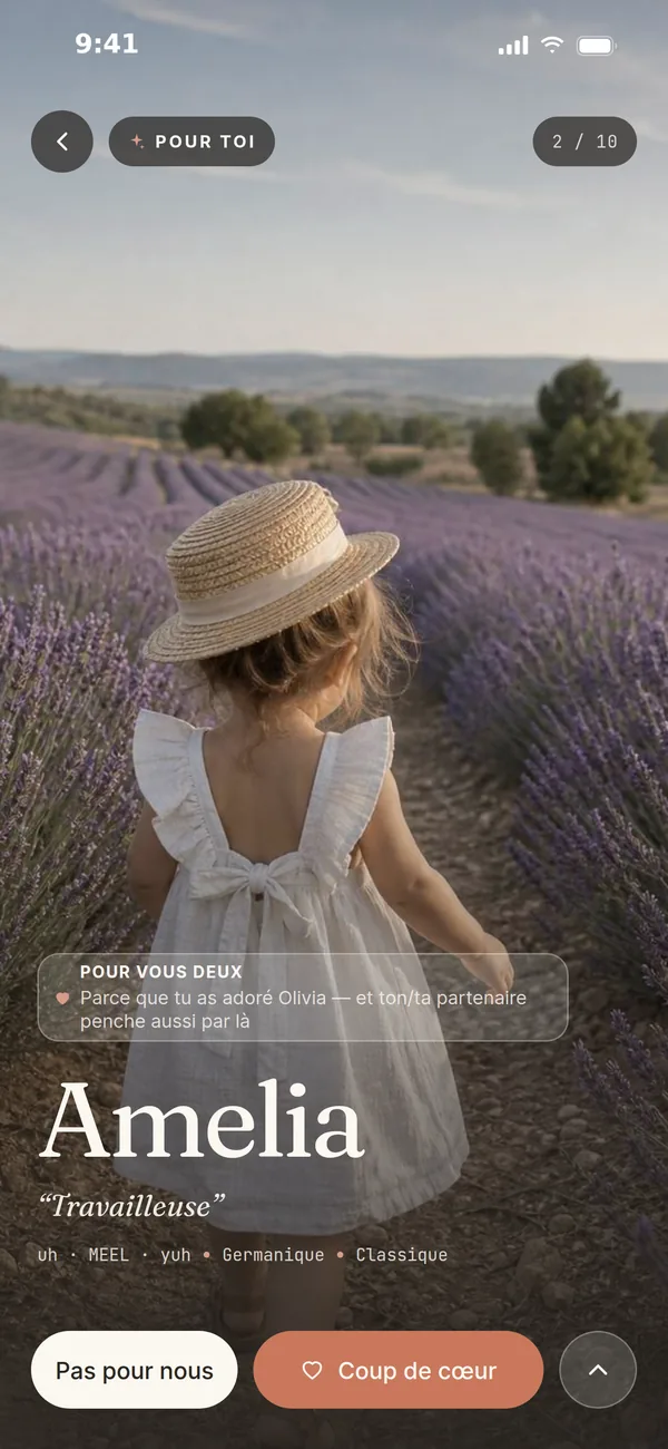 « Pour toi » : Amelia, parce que vous avez adoré Olivia et que votre partenaire penche aussi par là