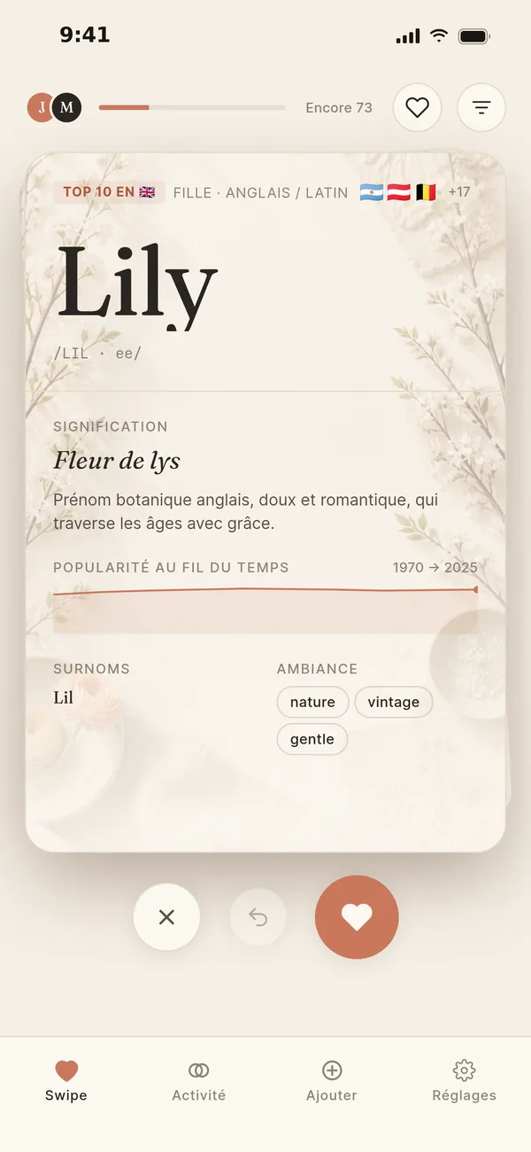 La même carte pour Lily, avec une douce illustration botanique en fond