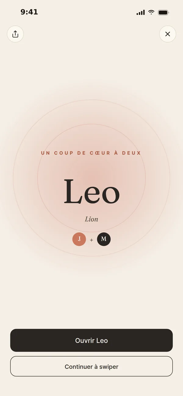 L’écran de match : « Un coup de cœur à deux », Leo, affiché sur les deux téléphones