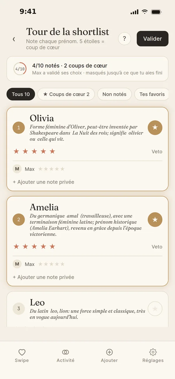 Le tour de la shortlist : notez chaque match en privé, 5 étoiles = coup de cœur