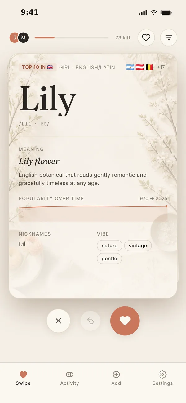 The same card for Lily with a soft botanical illustration behind it