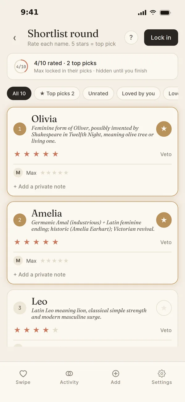 The shortlist round: rate each match privately, 5 stars = top pick