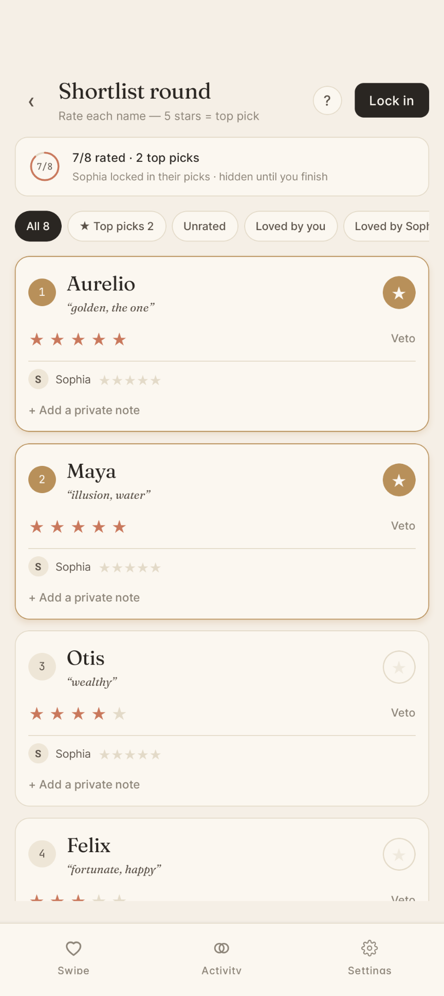 The shortlist round: rate each match privately, 5 stars = top pick