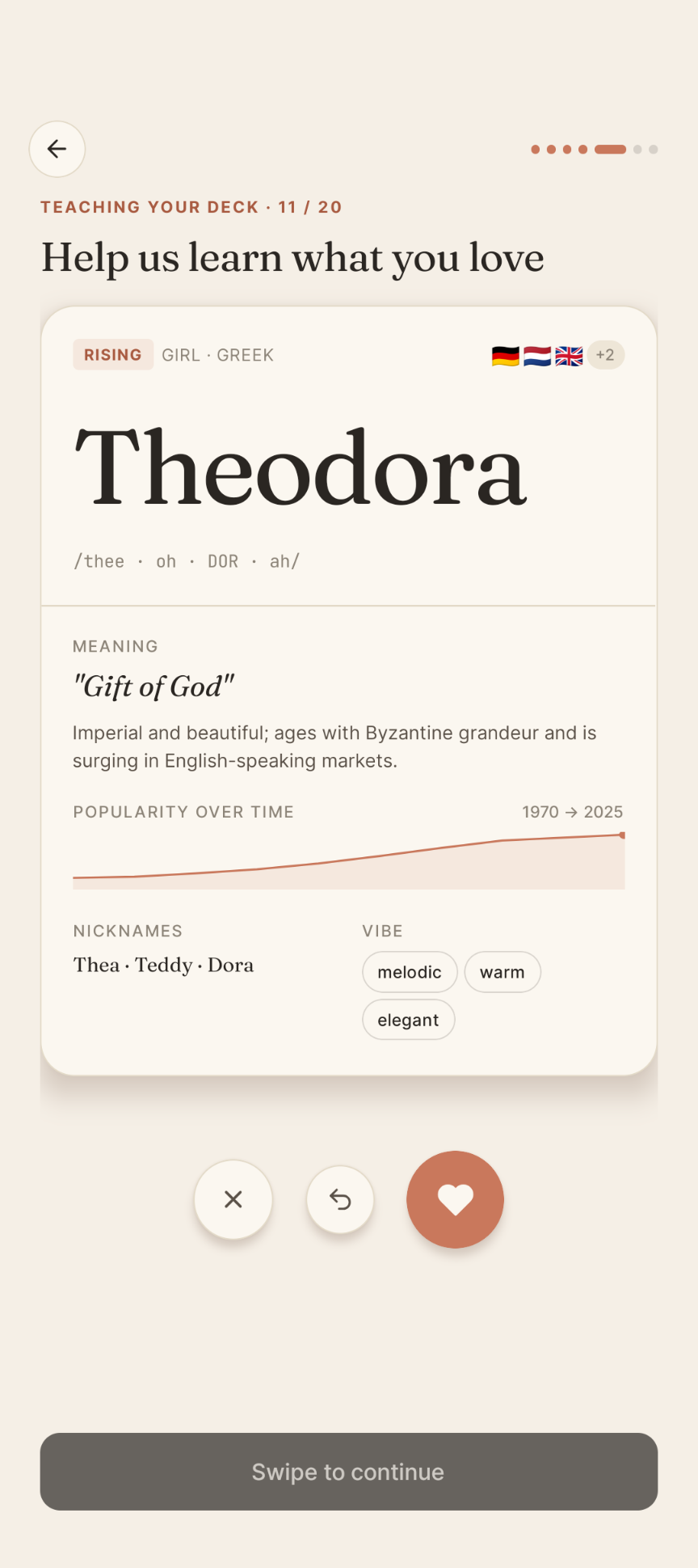 A Namore swipe card showing the name Theodora with meaning, popularity, nicknames, and vibe tags