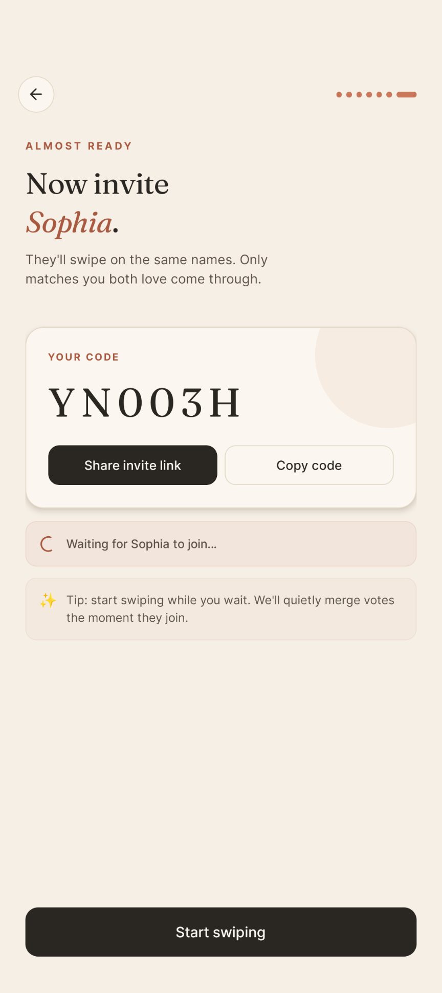 The invite step: a 6-letter session code (YN0O3H) you share with your partner